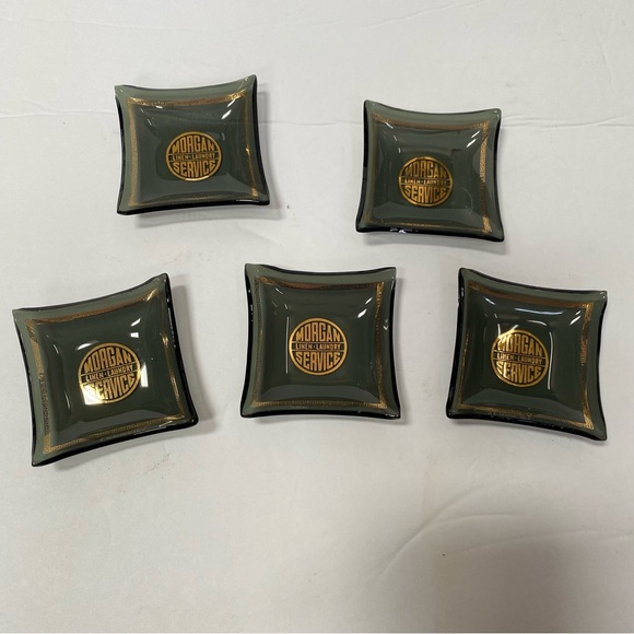 Vintage Ashtray Set Advertising Smoked Glass Gold Morgan Laundry Linen Service - Picture 3 of 9